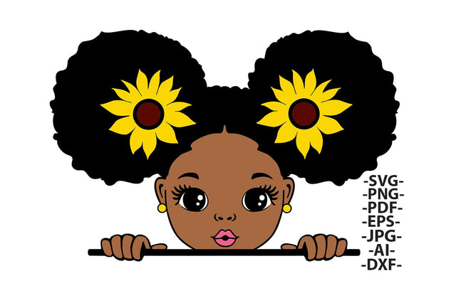 Afro Puff Black Girl Sunflower SVG PNG Clipart for Cricut Sublimation DXF EPS PDF AI JPG Peeking Cute Girl Summer Design SVG 1uniqueminute 