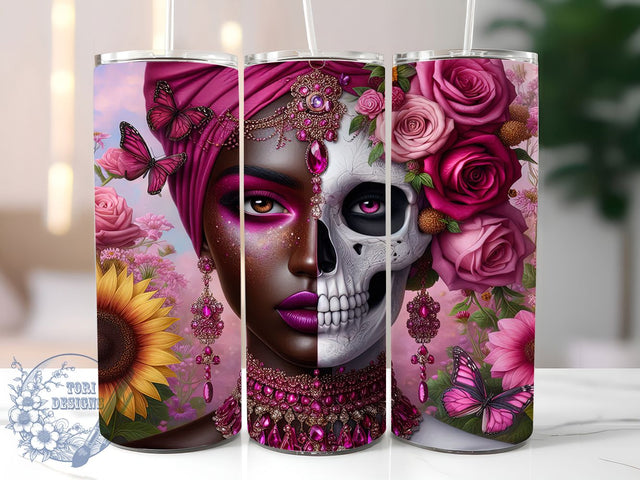 Afro Skull Gothic Woman Tumbler, Skeleton Lady Wrap, 20Oz Sublimation Design, Afro Skull Cup, Feminine Skeleton Drinkware, Gothic Woman Tumbler, Dark Beauty Mug Sublimation ToriDesigns 