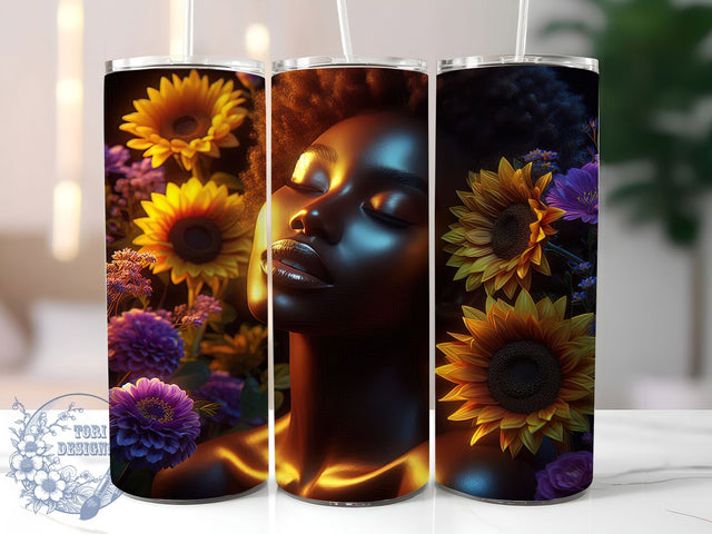 Afro Woman Sunflower 20oz Tumbler, Black Woman Tumbler, Sunflower Tumbler, 20oz Sublimation Wrap, Natural Hair Tumbler, Melanin Queen Tumbler, African American Art Tumbler Sublimation ToriDesigns 