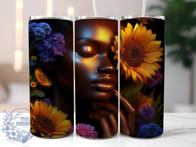 Afro Woman Sunflower 20oz Tumbler, Black Woman Tumbler, Sunflower Tumbler, 20oz Sublimation Wrap, Natural Hair Tumbler, Melanin Queen Tumbler, African American Art Tumbler Sublimation ToriDesigns 