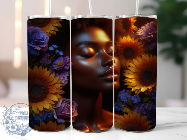 Afro Woman Sunflower 20oz Tumbler, Black Woman Tumbler, Sunflower Tumbler, 20oz Sublimation Wrap, Natural Hair Tumbler, Melanin Queen Tumbler, African American Art Tumbler Sublimation ToriDesigns 