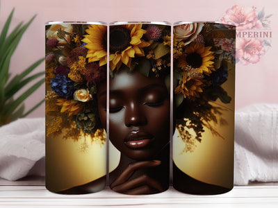 Afro Woman Sunflower Tumbler, Sunflowers, Floral Art, Cultural Beauty, Empowerment Theme, 20Oz Tumbler, Sublimation Wrap Sublimation Li Zamperini 