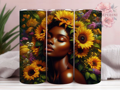 Afro Woman Sunflower Tumbler, Sunflowers, Floral Art, Cultural Beauty, Empowerment Theme, 20Oz Tumbler, Sublimation Wrap Sublimation Li Zamperini 