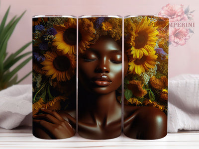 Afro Woman Sunflower Tumbler, Sunflowers, Floral Art, Cultural Beauty, Empowerment Theme, 20Oz Tumbler, Sublimation Wrap Sublimation Li Zamperini 