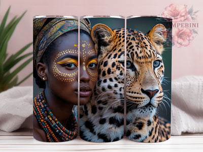 Afrocentric Leopard Woman Tumbler, Leopard Wildlife Theme, Afrocentric Wrap, Vibrant Cultural Design, Seamless Tribal Motif, Bold Feminine Print, Exotic Safari Style, Empowered Heritage Glow, 20Oz Tumbl Sublimation Li Zamperini 