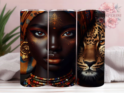 Afrocentric Leopard Woman Tumbler, Leopard Wildlife Theme, Afrocentric Wrap, Vibrant Cultural Design, Seamless Tribal Motif, Bold Feminine Print, Exotic Safari Style, Empowered Heritage Glow, 20Oz Tumbl Sublimation Li Zamperini 