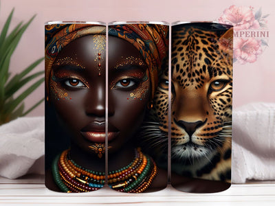 Afrocentric Leopard Woman Tumbler, Leopard Wildlife Theme, Afrocentric Wrap, Vibrant Cultural Design, Seamless Tribal Motif, Bold Feminine Print, Exotic Safari Style, Empowered Heritage Glow, 20Oz Tumbl Sublimation Li Zamperini 
