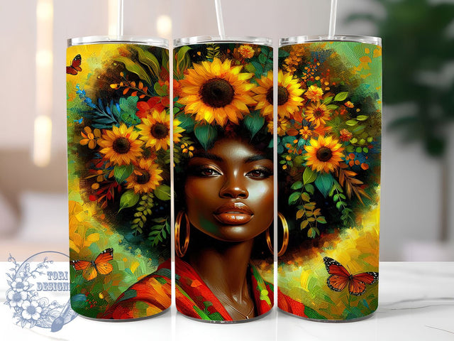 Afrocentric Sunflower Woman Tumbler, Sunflower Wrap, Cultural Design, Sublimation Art, 20oz Tumbler, Bold Pattern, Stylish Theme Sublimation ToriDesigns 