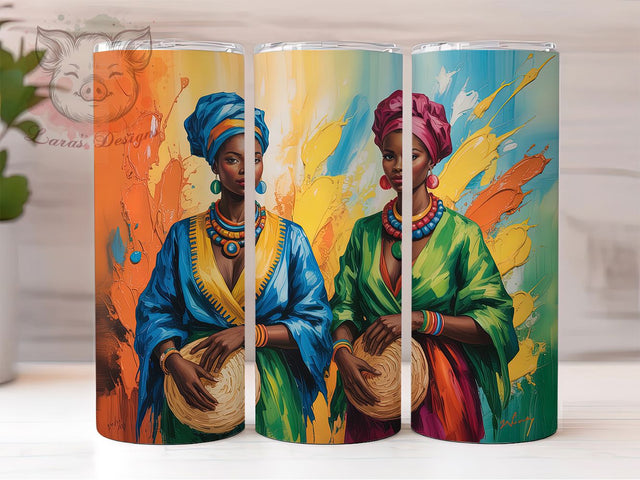 Afrocentric Tribal Women Tumbler, Vibrant Cultural Theme, Seamless Artistic Wrap, Bold Tribal Design, Empowered Feminine Motif, Colorful Ethnic Print, Modern Afrocentric Style, Inspirational Chic Glow, Sublimation Lara' s Designs 
