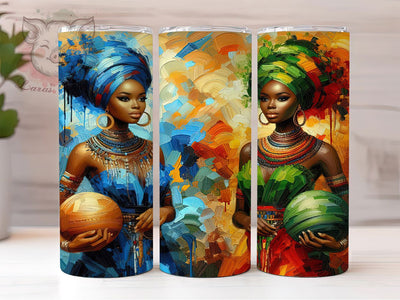 Afrocentric Tribal Women Tumbler, Vibrant Cultural Theme, Seamless Artistic Wrap, Bold Tribal Design, Empowered Feminine Motif, Colorful Ethnic Print, Modern Afrocentric Style, Inspirational Chic Glow, Sublimation Lara' s Designs 