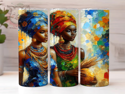 Afrocentric Tribal Women Tumbler, Vibrant Cultural Theme, Seamless Artistic Wrap, Bold Tribal Design, Empowered Feminine Motif, Colorful Ethnic Print, Modern Afrocentric Style, Inspirational Chic Glow, Sublimation Lara' s Designs 