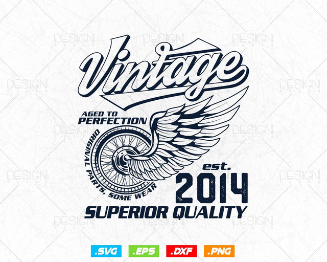 Aged To Perfection Vintage 10th Birthday Svg Png, Vintage 2014 Original Parts Svg, Retro Style Motorcycle Shirt For Boy,Birthday Clipart Svg SVG DesignDestine 