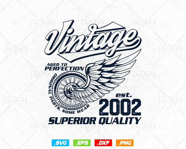 Aged To Perfection Vintage 22nd Birthday Svg Png, Vintage 2002 Original Parts Svg, Retro Style Motorcycle Shirt For Boy,Birthday Clipart Svg SVG DesignDestine 
