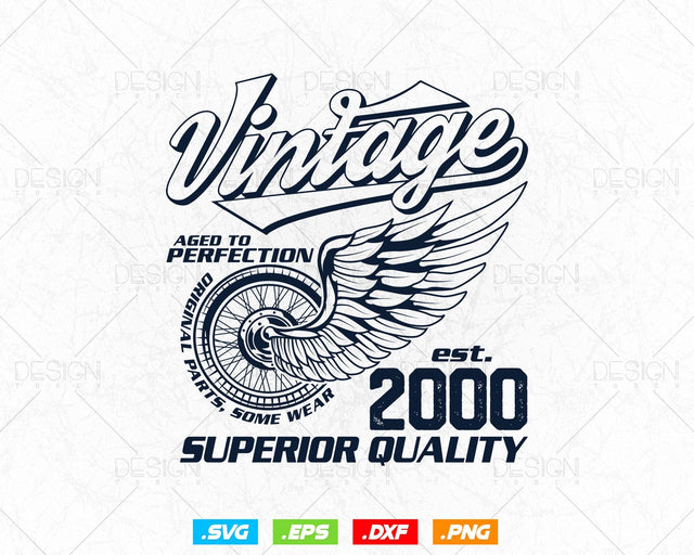 Aged To Perfection Vintage 24th Birthday Svg Png, Vintage 2000 Original Parts Svg, Retro Style Motorcycle Shirt For Boy,Birthday Clipart Svg SVG DesignDestine 