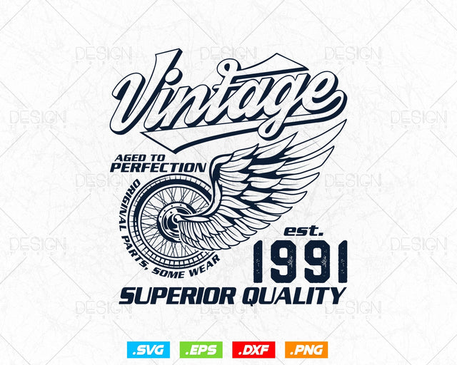 Aged To Perfection Vintage 33rd Birthday Svg Png, Vintage 1991 Original Parts Svg, Retro Style Motorcycle Shirt For Man,Birthday Clipart Svg SVG DesignDestine 