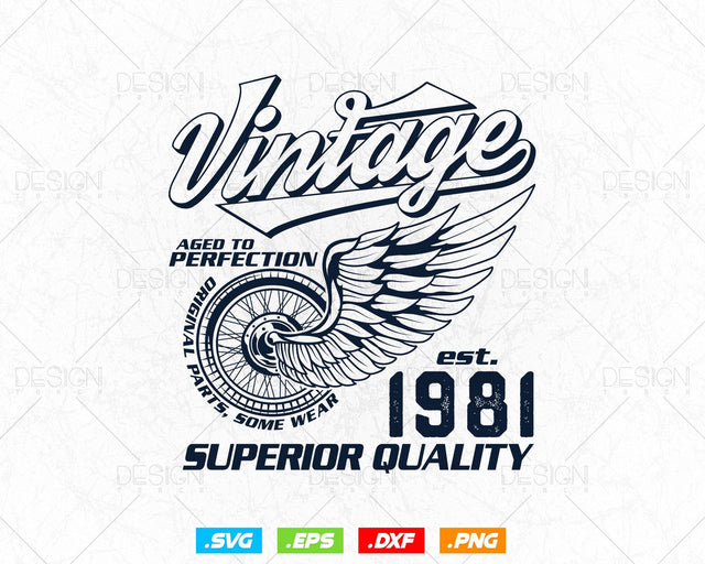 Aged To Perfection Vintage 43rd Birthday Svg Png, Vintage 1981 Original Parts Svg, Retro Style Motorcycle Shirt For Man,Birthday Clipart Svg SVG DesignDestine 