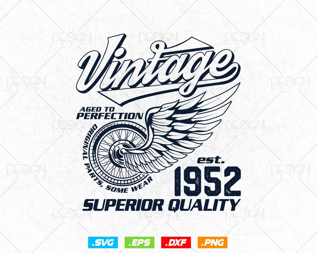 Aged To Perfection Vintage 72nd Birthday Svg Png, Vintage 1952 Original Parts Svg, Retro Style Motorcycle Shirt For Dad,Birthday Clipart Svg SVG DesignDestine 