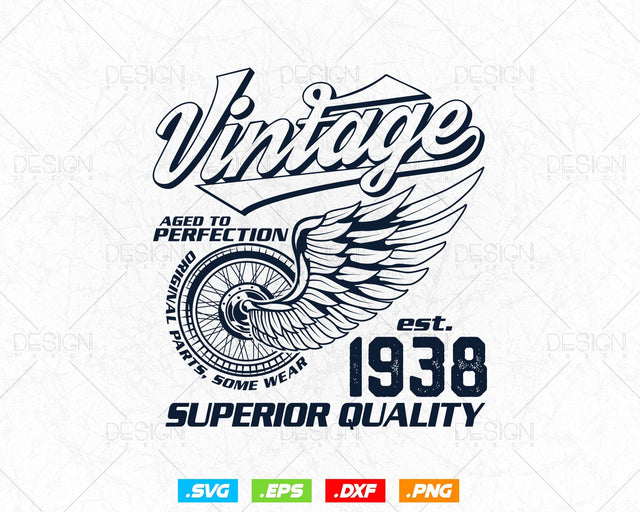 Aged To Perfection Vintage 86th Birthday Svg Png, Vintage 1938 Original Parts Svg, Retro Style Motorcycle Shirt For Dad,Birthday Clipart Svg SVG DesignDestine 