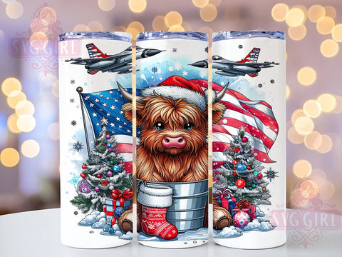 Air Force Baby Highland Cow Tumbler Wrap, Sublimation Designs, Fighter Jet American Flag Christmas Snow Jets Printable Design Sublimation SvggirlplusArt 