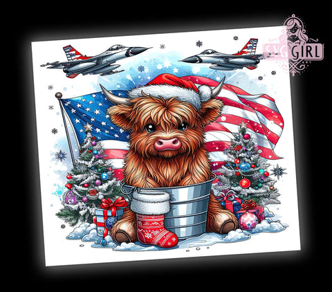 Air Force Baby Highland Cow Tumbler Wrap, Sublimation Designs, Fighter Jet American Flag Christmas Snow Jets Printable Design Sublimation SvggirlplusArt 