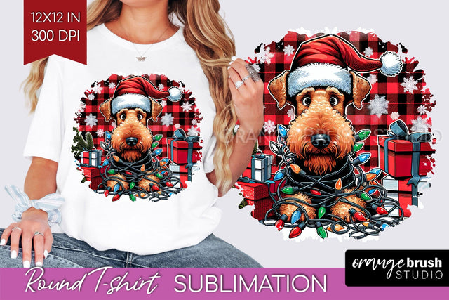 Airedale Terrier Christmas Dog Round Tshirt PNG Sublimation OrangeBrushStudio 