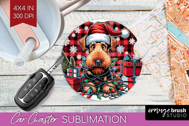 Airedale Terrier Funny Christmas Dog Car Coaster Sublimation OrangeBrushStudio 