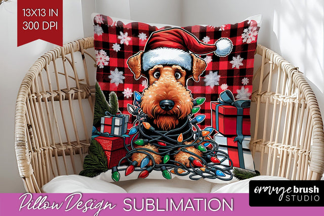 Airedale Terrier Funny Christmas Dog Pillow Cover Sublimation OrangeBrushStudio 
