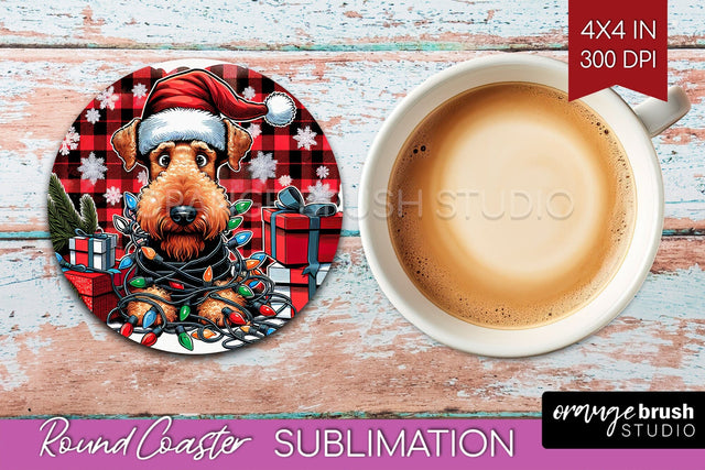 Airedale Terrier Funny Christmas Dog Round Coaster Sublimation OrangeBrushStudio 