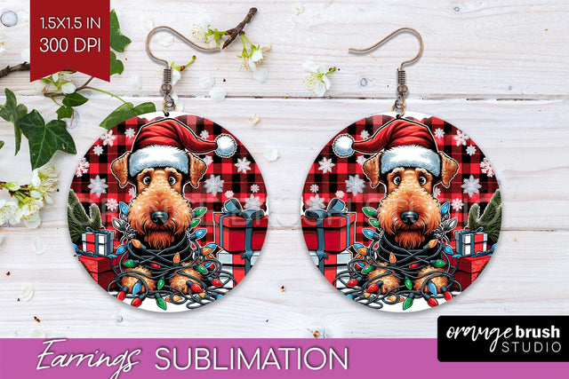 Airedale Terrier Funny Christmas Dog Round Earrings Sublimation OrangeBrushStudio 