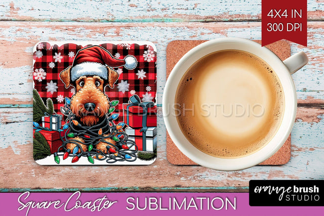 Airedale Terrier Funny Christmas Dog Square Coaster Sublimation OrangeBrushStudio 