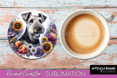 Airedale Terrier Round Coaster - Dog Mom Floral Coaster Sublimation Sublimation OrangeBrushStudio 