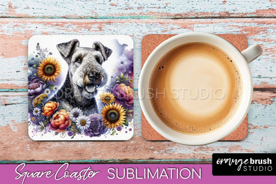 Airedale Terrier Square Coaster - Dog Mom Floral Coaster Sublimation Sublimation OrangeBrushStudio 