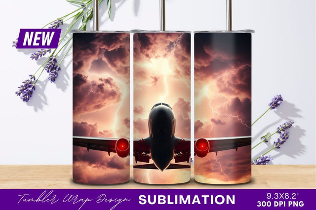 Airplane Flying In Storm With Lightning Tumbler Png Sublimation Regulrcrative 