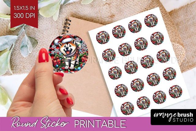 Akita Christmas Dog Printable Stickers Sublimation OrangeBrushStudio 