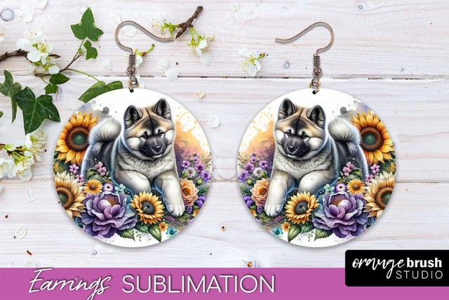 Akita Earrings - Dog Mom Floral Round Earring Sublimation Sublimation OrangeBrushStudio 