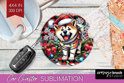 Akita Funny Christmas Dog Car Coaster Sublimation OrangeBrushStudio 