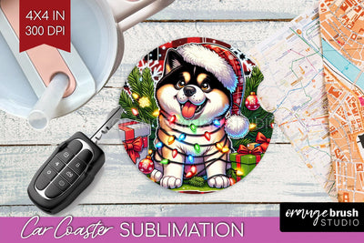 Akita Funny Christmas Dog Car Coaster Sublimation OrangeBrushStudio 