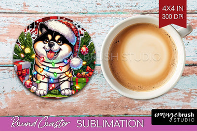 Akita Funny Christmas Dog Round Coaster Sublimation OrangeBrushStudio 