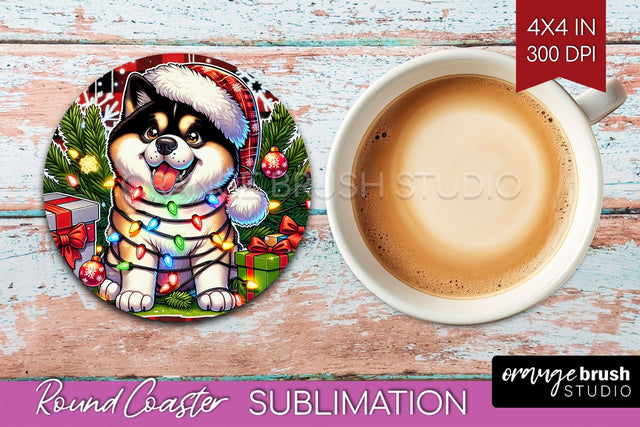Akita Funny Christmas Dog Round Coaster Sublimation OrangeBrushStudio 