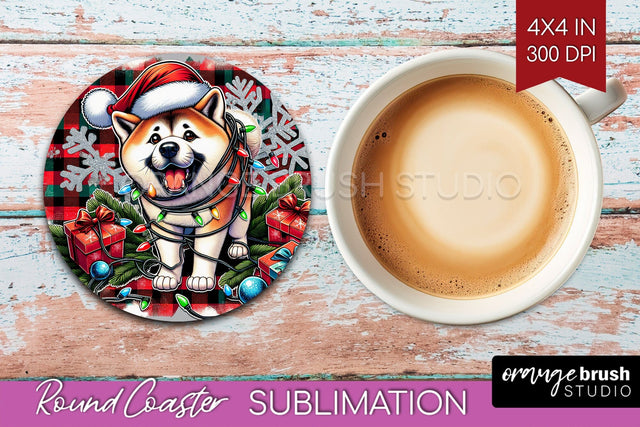 Akita Funny Christmas Dog Round Coaster Sublimation OrangeBrushStudio 