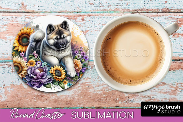 Akita Round Coaster - Dog Mom Floral Coaster Sublimation Sublimation OrangeBrushStudio 