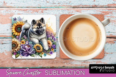 Akita Square Coaster - Dog Mom Floral Coaster Sublimation Sublimation OrangeBrushStudio 