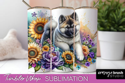 Akita Tumbler Wrap - Dog Mom Floral Tumbler Sublimation Sublimation OrangeBrushStudio 