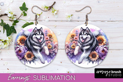 Alaskan Malamute Earrings - Dog Mom Floral Round Earring Sublimation Sublimation OrangeBrushStudio 