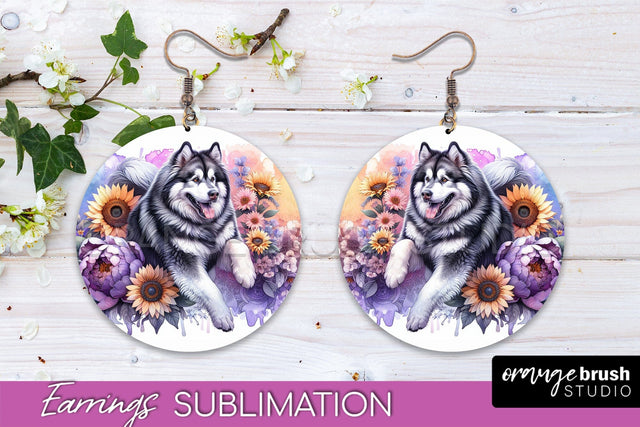 Alaskan Malamute Earrings - Dog Mom Floral Round Earring Sublimation Sublimation OrangeBrushStudio 