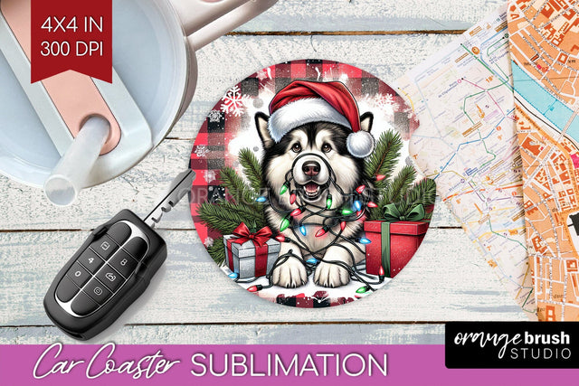 Alaskan Malamute Funny Christmas Dog Car Coaster Sublimation OrangeBrushStudio 