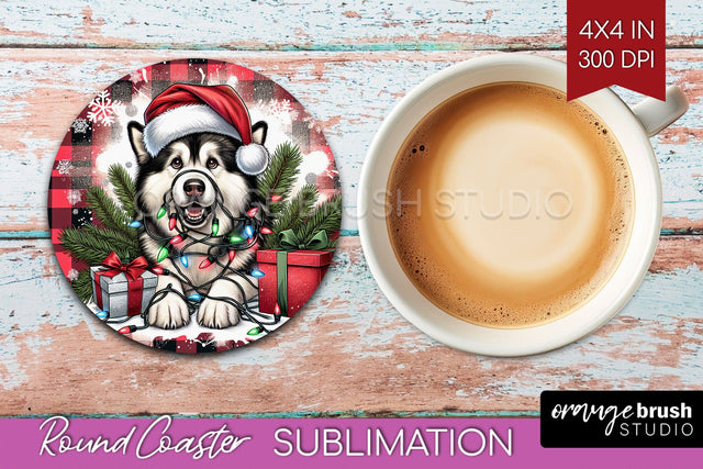 Alaskan Malamute Funny Christmas Dog Round Coaster Sublimation OrangeBrushStudio 