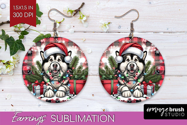 Alaskan Malamute Funny Christmas Dog Round Earrings Sublimation OrangeBrushStudio 