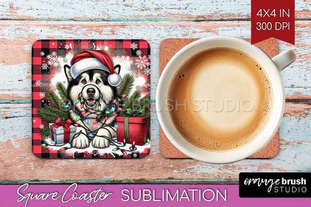 Alaskan Malamute Funny Christmas Dog Square Coaster Sublimation OrangeBrushStudio 