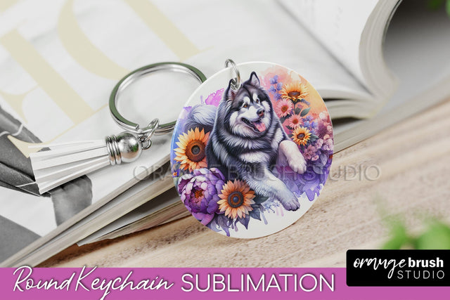 Alaskan Malamute Keychain - Dog mom Floral Keychain Sublimation Design Sublimation OrangeBrushStudio 